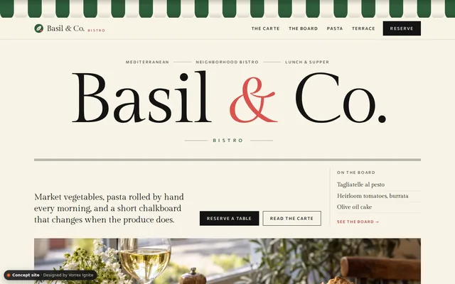 Homepage of the Basil & Co. Bistro concept site