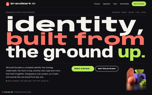 Homepage of the BrandMark Builders concept site