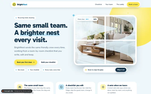 Homepage of the BrightNest Clean concept site