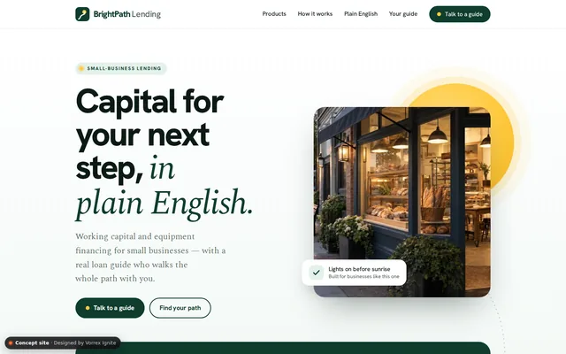 Homepage of the BrightPath Lending concept site