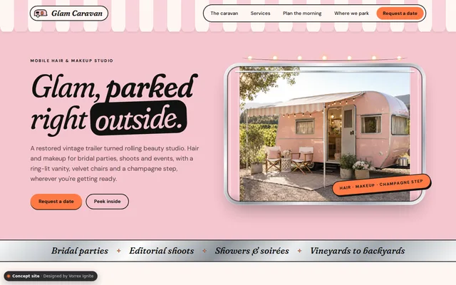 Homepage of the Glam Caravan concept site