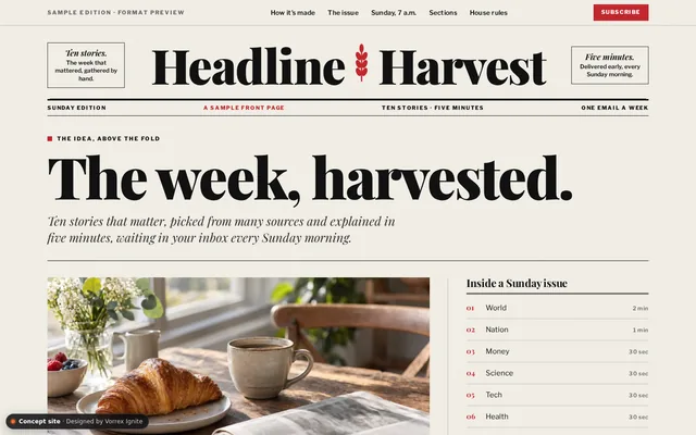 Homepage of the Headline Harvest concept site