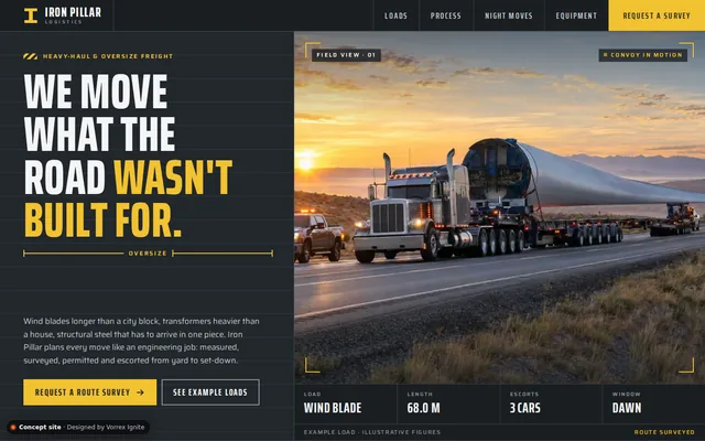 Homepage of the Iron Pillar Logistics concept site