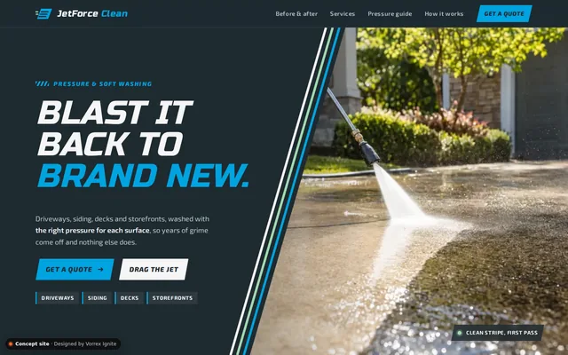 Homepage of the JetForce Clean concept site