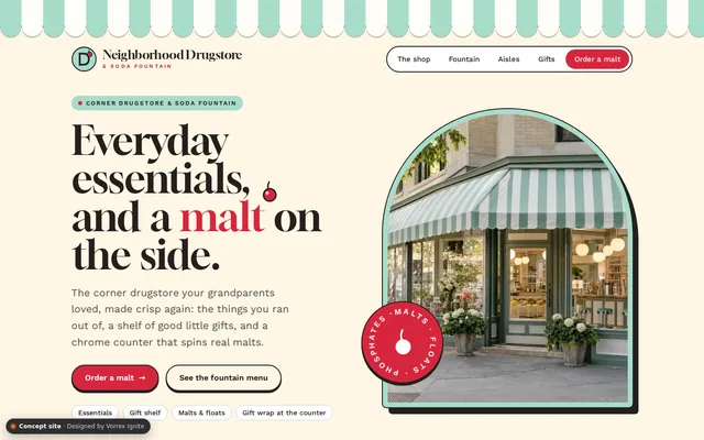 Homepage of the Neighborhood Drugstore concept site