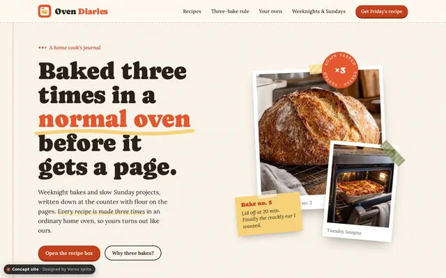 Homepage of the Oven Diaries concept site