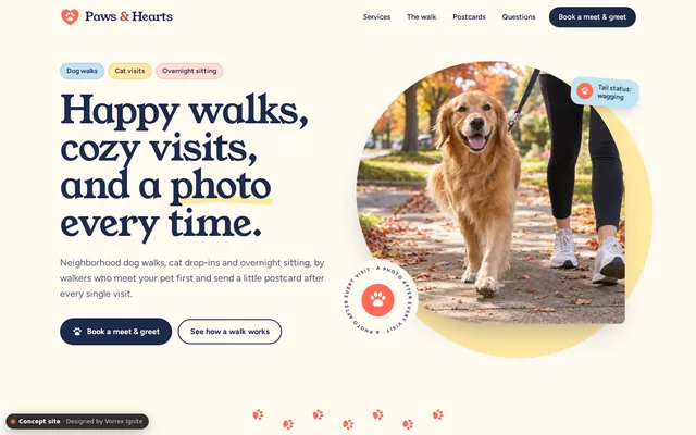 Homepage of the Paws & Hearts concept site
