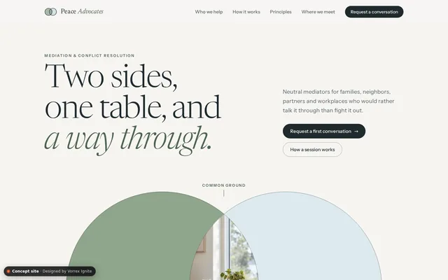 Homepage of the Peace Advocates concept site