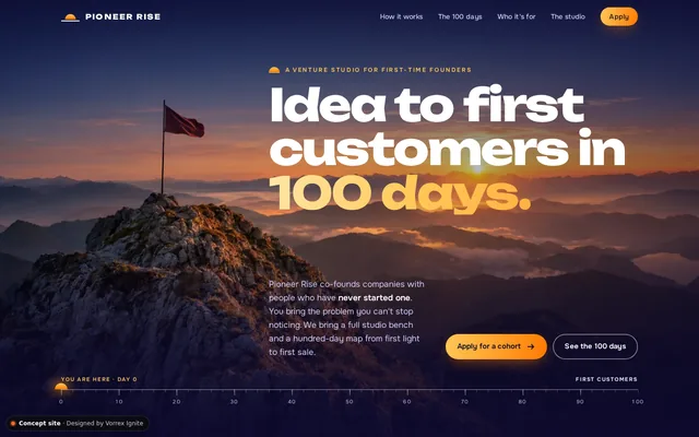 Homepage of the Pioneer Rise concept site
