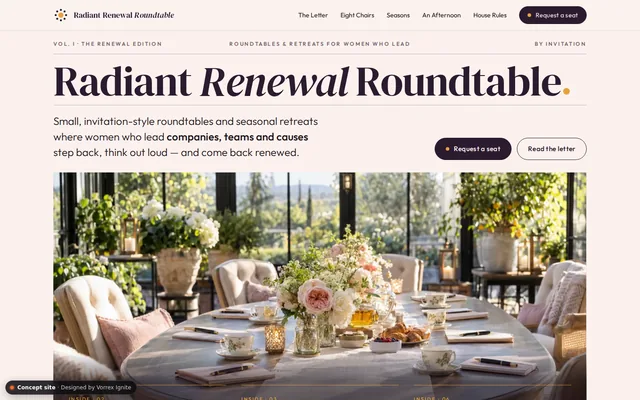 Homepage of the Radiant Renewal Roundtable concept site