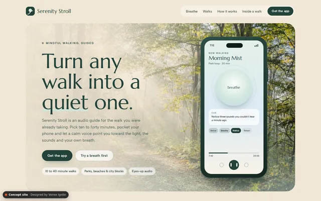 Homepage of the Serenity Stroll concept site