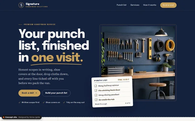 Homepage of the Signature Handyman Solutions concept site