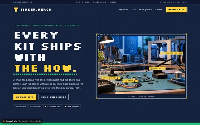 Homepage of the Tinker Merch concept site