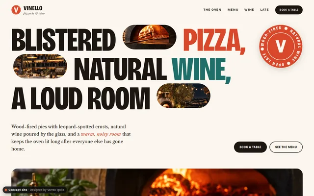Homepage of the Vinello Pizzeria concept site