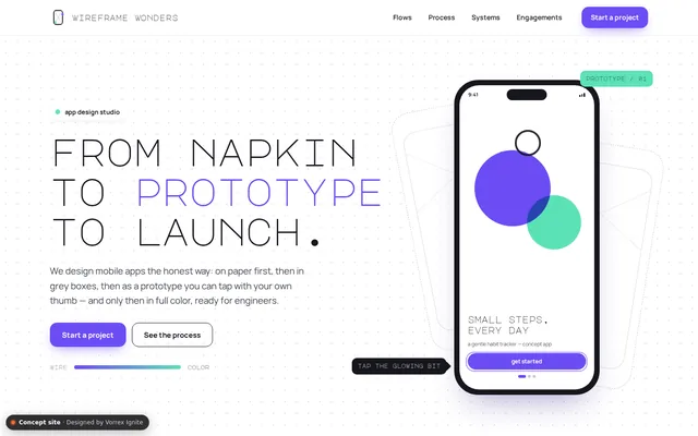 Homepage of the Wireframe Wonders concept site
