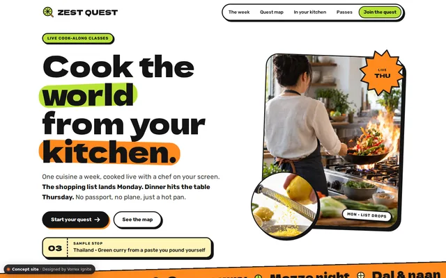 Homepage of the Zest Quest concept site